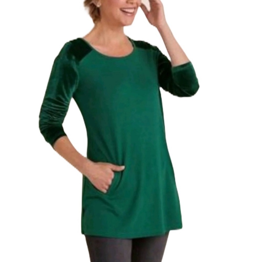 Soft Surroundings Emerald Green Velvet Trim Long Sleeve Tunic Large